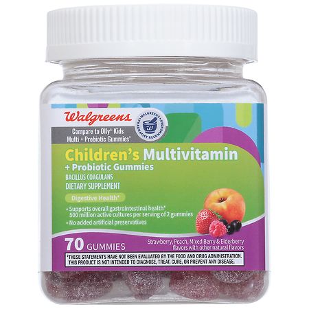 Walgreens Children's Multivitamin + Probiotic Gummies Strawberry, Peach, Mixed Berry & Elderberry