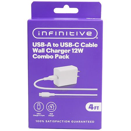 Infinitive USB-A to USB-C Cable Wall Charger 12W Combo Pack White