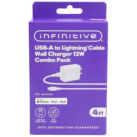 Infinitive USB-A to Lightning Cable Wall Charger 12W Combo Pack White