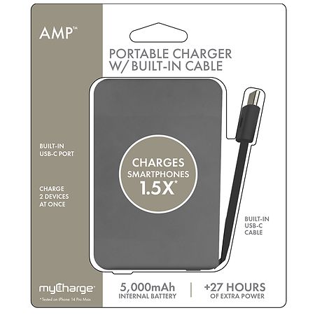 MyCharge Portable Charger with Built-In Cable Grey