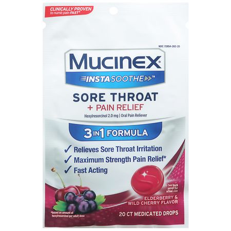Mucinex InstaSoothe Sore Throat + Pain Relief, 3 in 1 Formula, Medicated Drops Elderberry & Wild Cherry