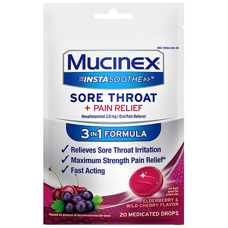 Mucinex InstaSoothe Sore Throat + Pain Relief, 3 in 1 Formula, Medicated Drops Elderberry & Wild Cherry