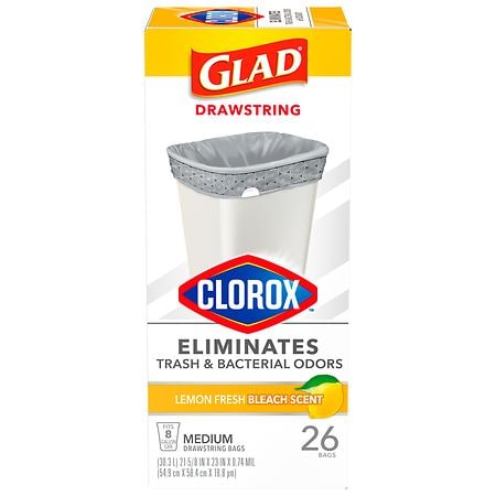 Glad OdorShield Medium Drawstring Bags Lemon Fresh Bleach, 8 Gallon