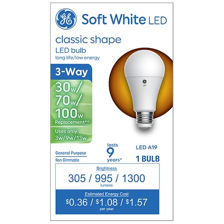 GE 30/ 70/ 100 Watts Classic Shape Soft White 3-Way LED Light Bulb