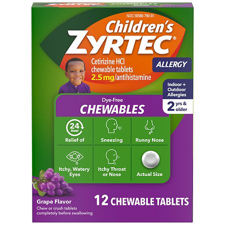 Children's Zyrtec Dye-Free Chewables for 24 Hour Allergy Relief Tablets Grape, Grape