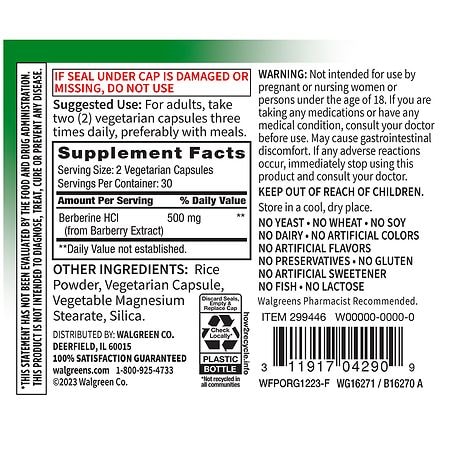 Walgreens Free & Pure Berberine HCI Capsules (30 days)