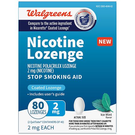 Walgreens Coated Nicotine Polacrilex Lozenges, 2 mg, Stop Smoking Aid Ice Mint