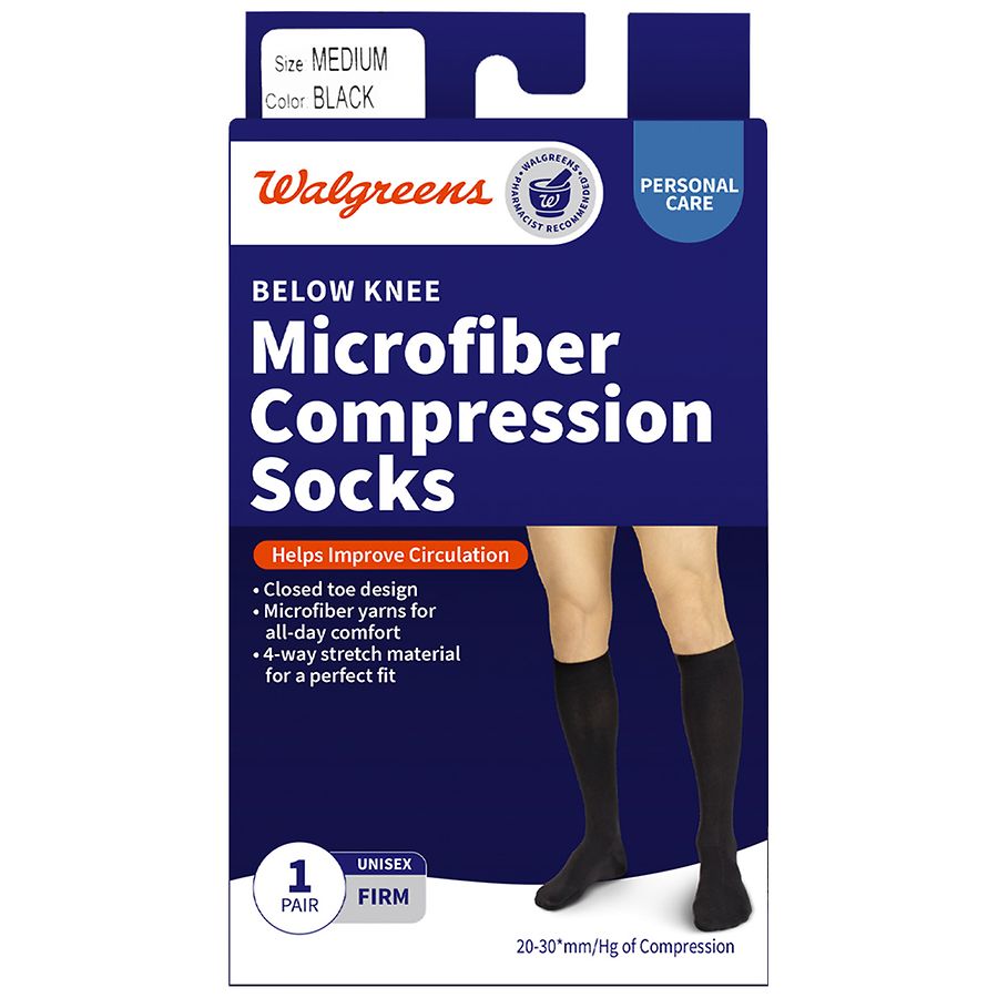 Walgreens Microfiber Compression Socks, Knee High Black, Black Walgreens
