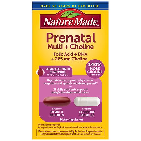 Nature Made Prenatal Multivitamins + Choline Capsules Folic Acid + DHA