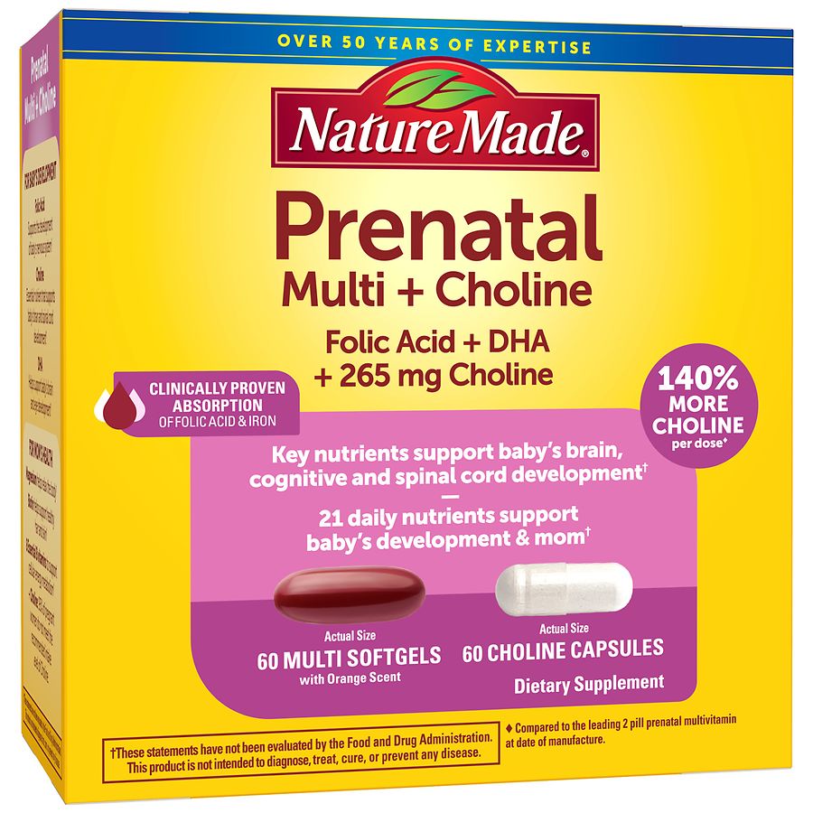 Nature Made Prenatal Multivitamins + Choline Capsules Folic Acid + DHA