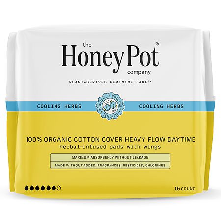 The Honey Pot Daytime Herbal Heavy Flow Organic Cotton Pads with Wings