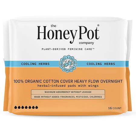 The Honey Pot Overnight Herbal Heavy Flow Organic Cotton Pads with Wings