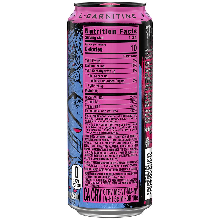 how much l-carnitine in monster Monster Energy Sugar Free Energy Drink Ultra Fantasy Ruby Red