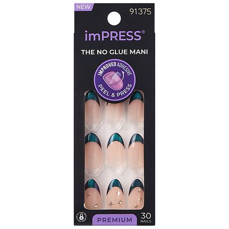 Kiss imPRESS Premium Press-On Nails, No Glue Needed Almond Medium Visions Green French Tip