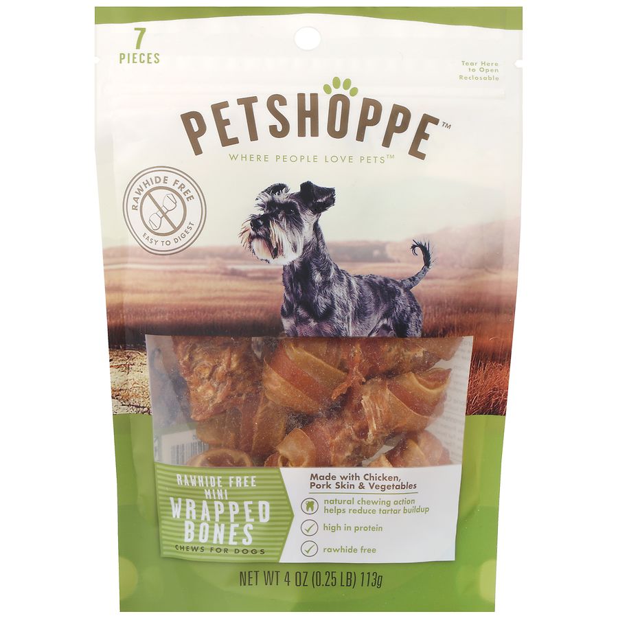 PetShoppe Rawhide Free Mini Wrapped Bones Chews for Dogs Chicken, Pork Skin, Vegetables