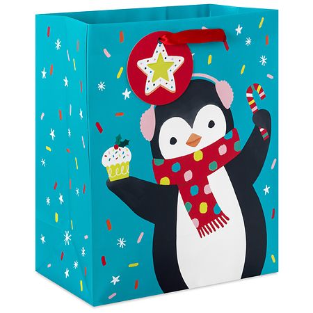 Hallmark Christmas Gift Bag (Penguin in Polka-Dot Scarf on Blue) Medium