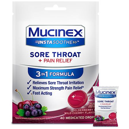 Mucinex InstaSoothe Sore Throat + Pain Relief Medicated Drops Elderberry & Wild Cherry
