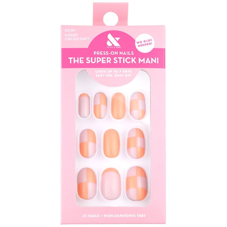 adeline’s press ons Olive & June Press-On Nails Round Short, Sherbet Checker