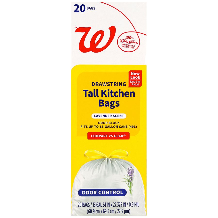 Walgreens Drawstring Tall Kitchen Bags, Odor Control Lavender, White, White