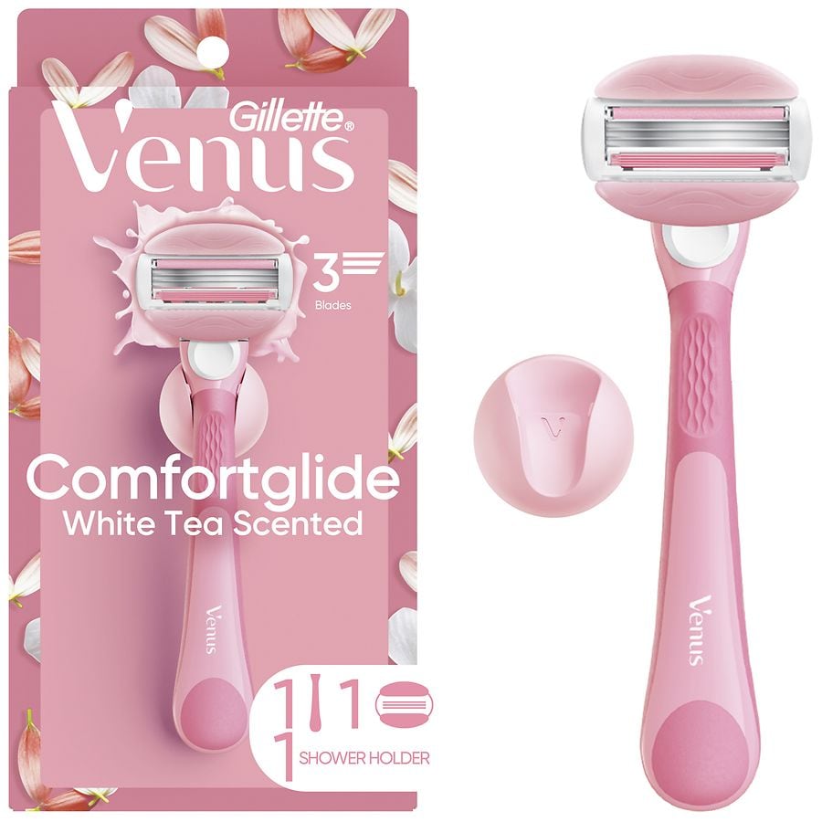 Gillette Venus ComfortGlide Women's Razor with Reusable Razor Handle, 1 Razor Blade Refill and Shower Holder White Tea Pink