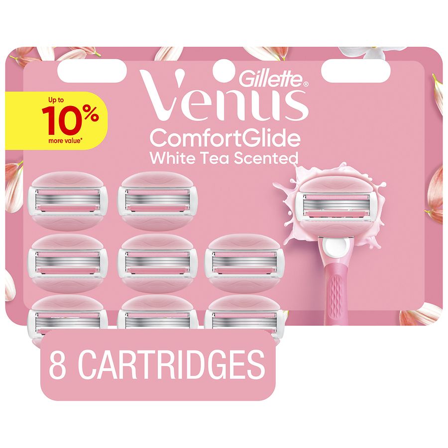 Gillette Venus ComfortGlide Women's Razor Blades, with Built-in Shave Gel Bars, Razor Blade Refills White Tea