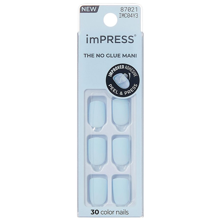 Kiss imPRESS color Press-On Nails, No Glue Needed, Short Squoval Short, Light Matte Blue