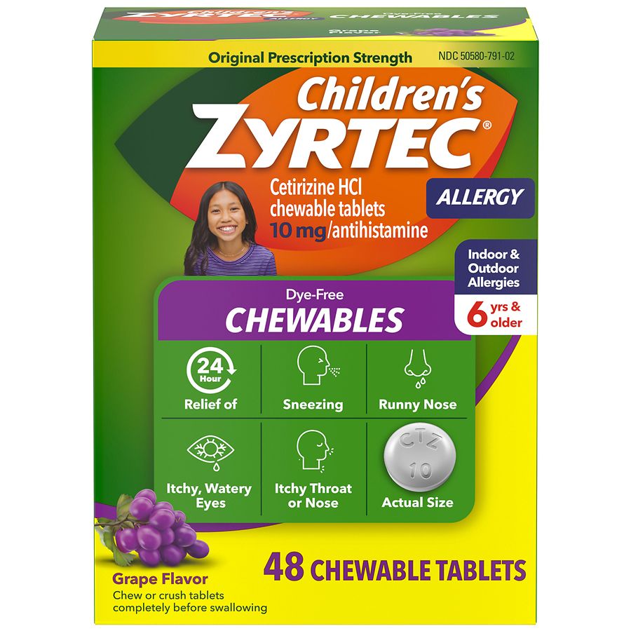Children's Zyrtec Dye-Free Chewables 24 Hour Allergy Cetirizine Hydrochloride 10 mg Tablets Grape Grape