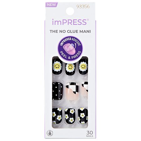Kiss imPRESS Design Press On Nails, No Glue Needed, Short Length, Squoval Shape 0, 0, 0 Black
