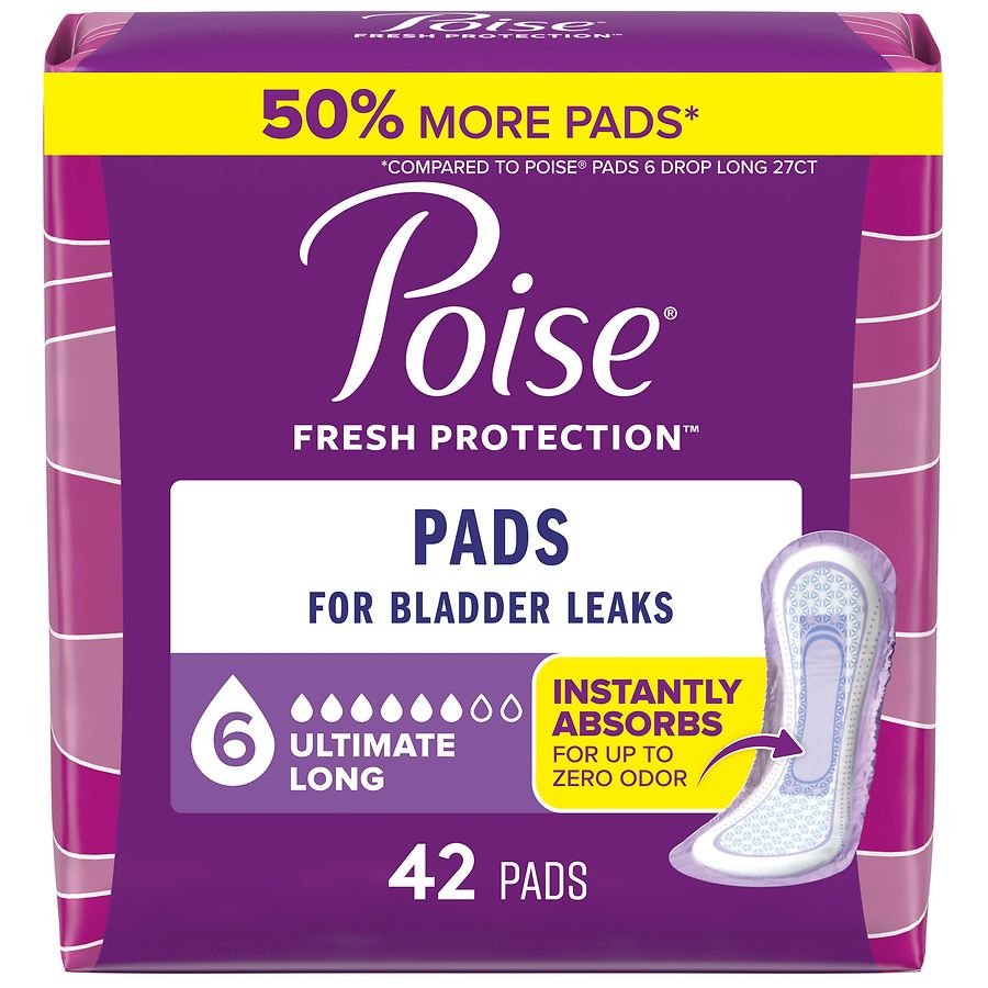 Poise Fresh Protection Incontinence & Postpartum Pads Unscented, 6 Drop Ultimate Absorbency, Long Length