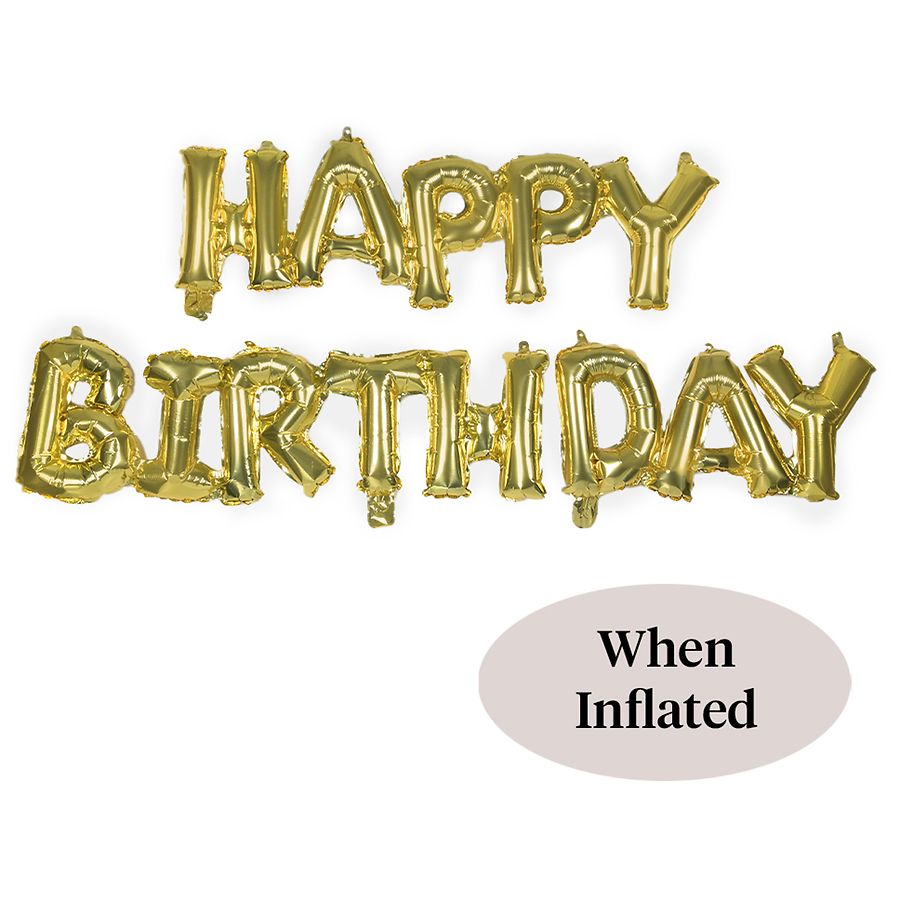 Anagram Air Filled Balloon, Block Phrase Happy Birthday White Gold 44 x 19 in Gold