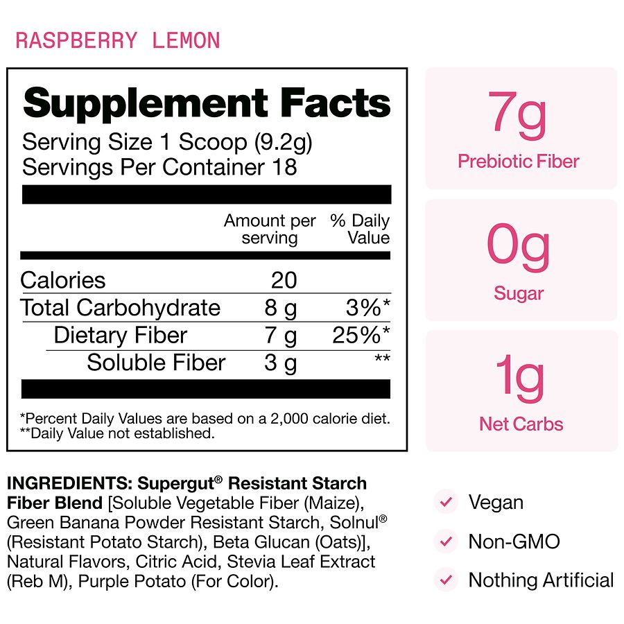 Supergut GLP-1 Daily Support Prebiotic Fiber Blend, Powder Dietary Supplement Raspberry Lemon