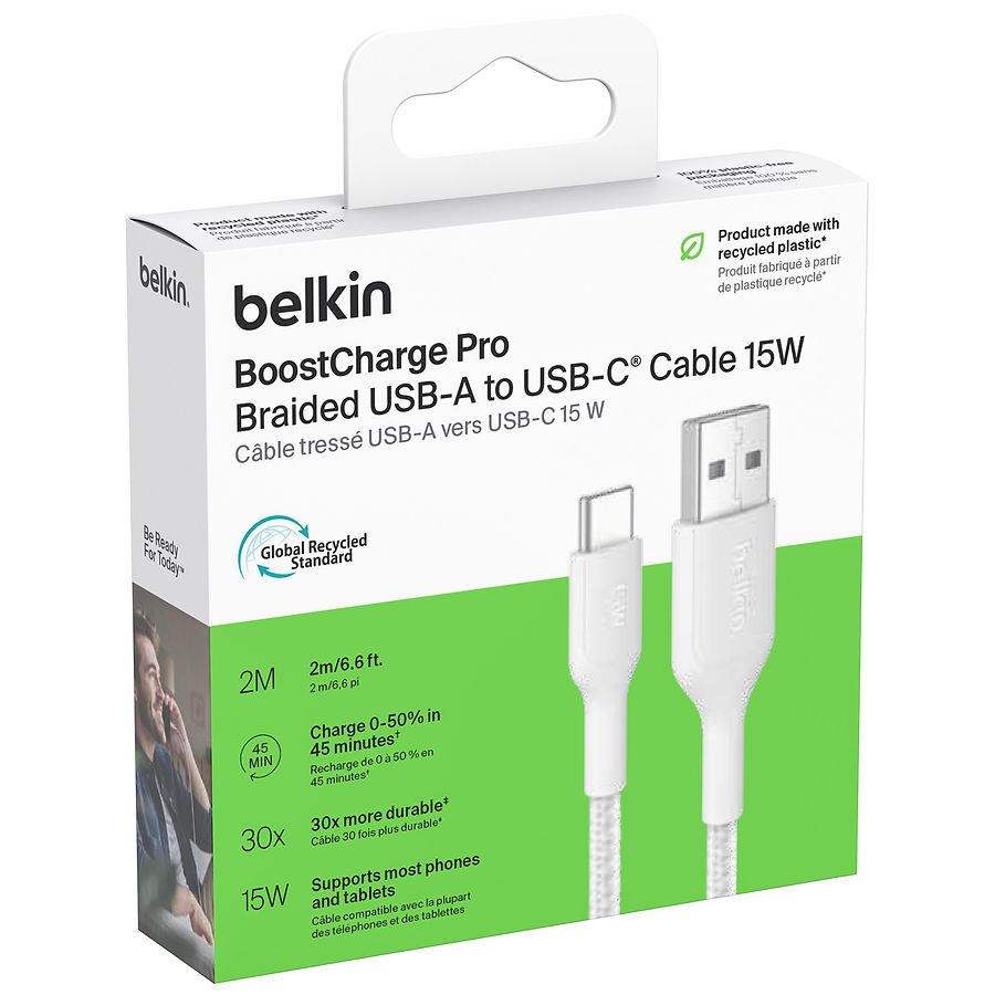 Belkin Braided USB-A to USB-C 6.6ft PCR Cable White | Walgreens