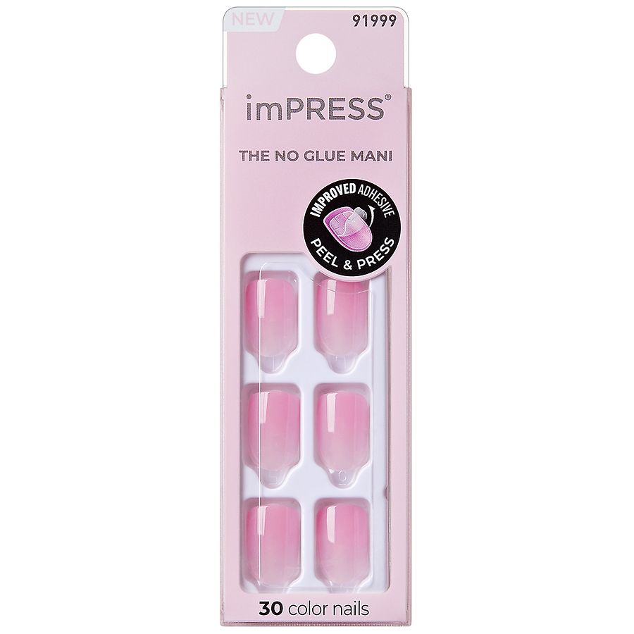 Kiss imPRESS Press On Nails, No Glue Needed, Short Length, Squoval Shape Pink