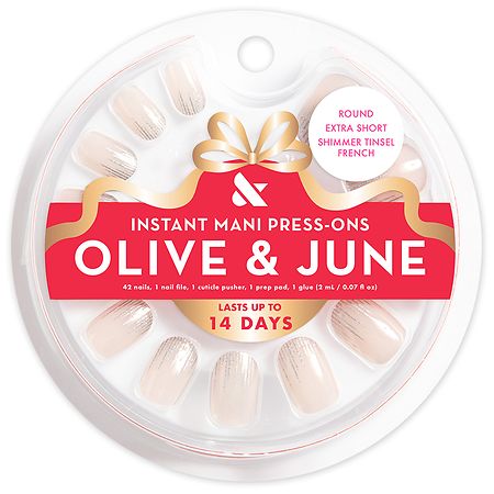 Olive & June Instant Mani Press-On Nails, Round Extra Short Extra Short Round Shimmer Tinsel French