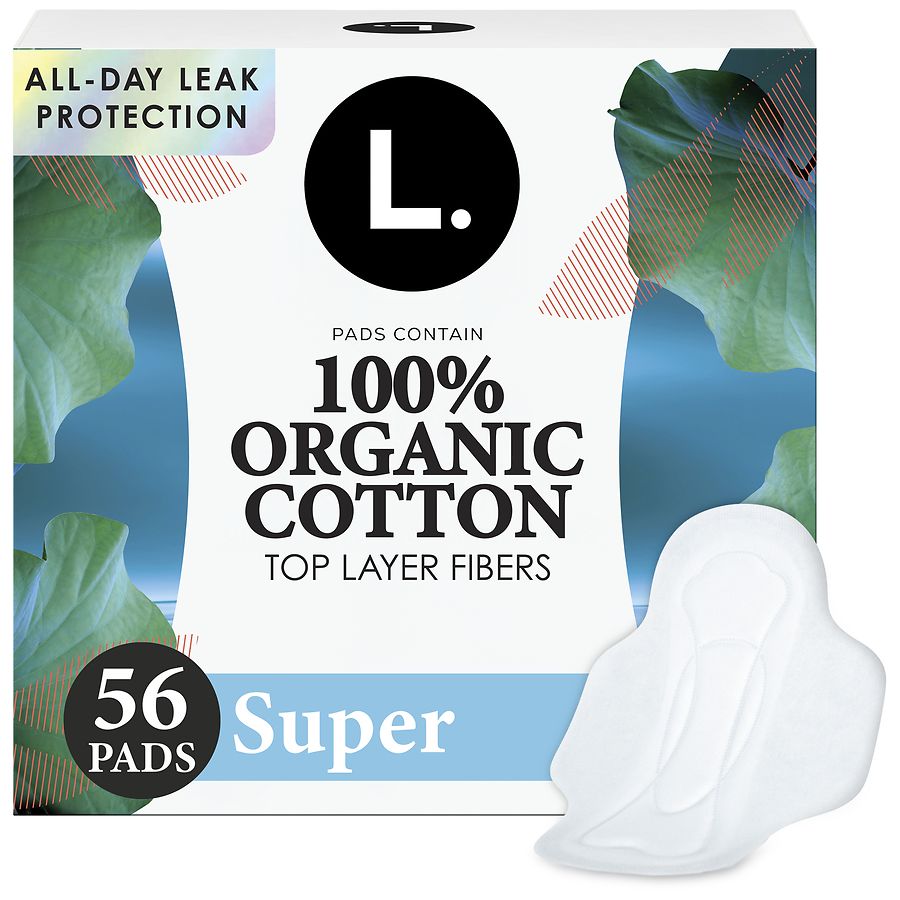 L. Ultra Thin Pads for Women, Organic Cotton Top Layer, with Wings Unscented, Super Absorbency
