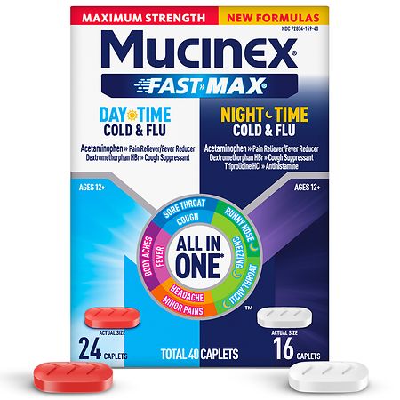 Mucinex Fast-Max Maximum Strength Day & Night Cold and Flu Medicine, Fast Release Caplets