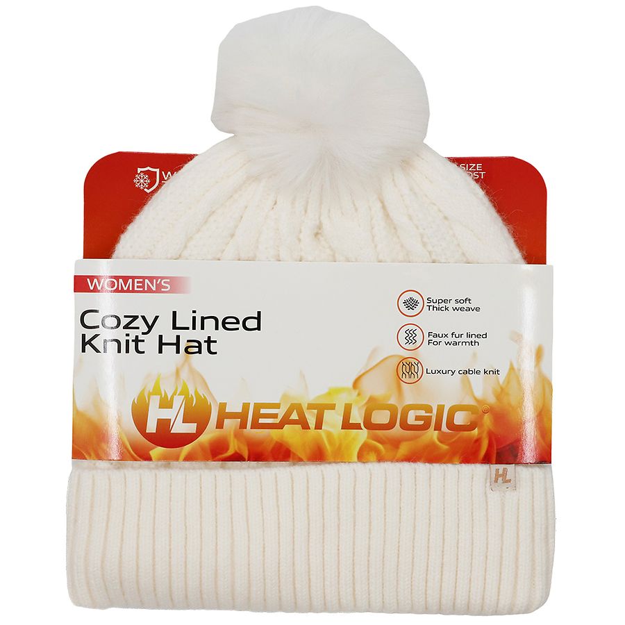 Heat Logic Cable Pom Beanie with Cozy Sherpa Lining Ivory | Walgreens