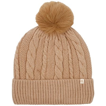 Heat Logic Cable Pom Beanie with Cozy Sherpa Lining Camel  display picture 1