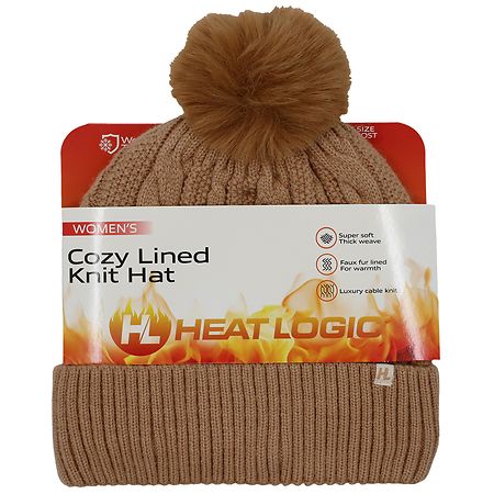 Heat Logic Cable Pom Beanie with Cozy Sherpa Lining Camel