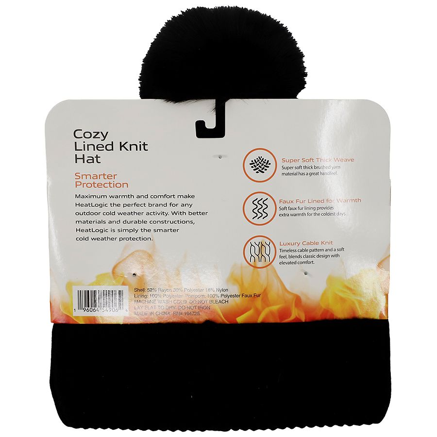 Heat Logic Cable Pom Beanie with Cozy Sherpa Lining Black | Walgreens