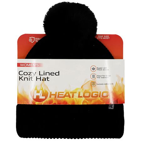Heat Logic Cable Pom Beanie with Cozy Sherpa Lining Black