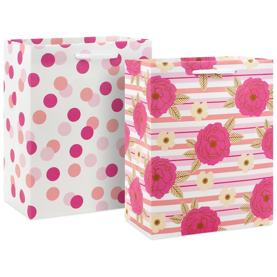 Hallmark 2-Pack Medium Gift Bags Pink Flowers and Polka Dots