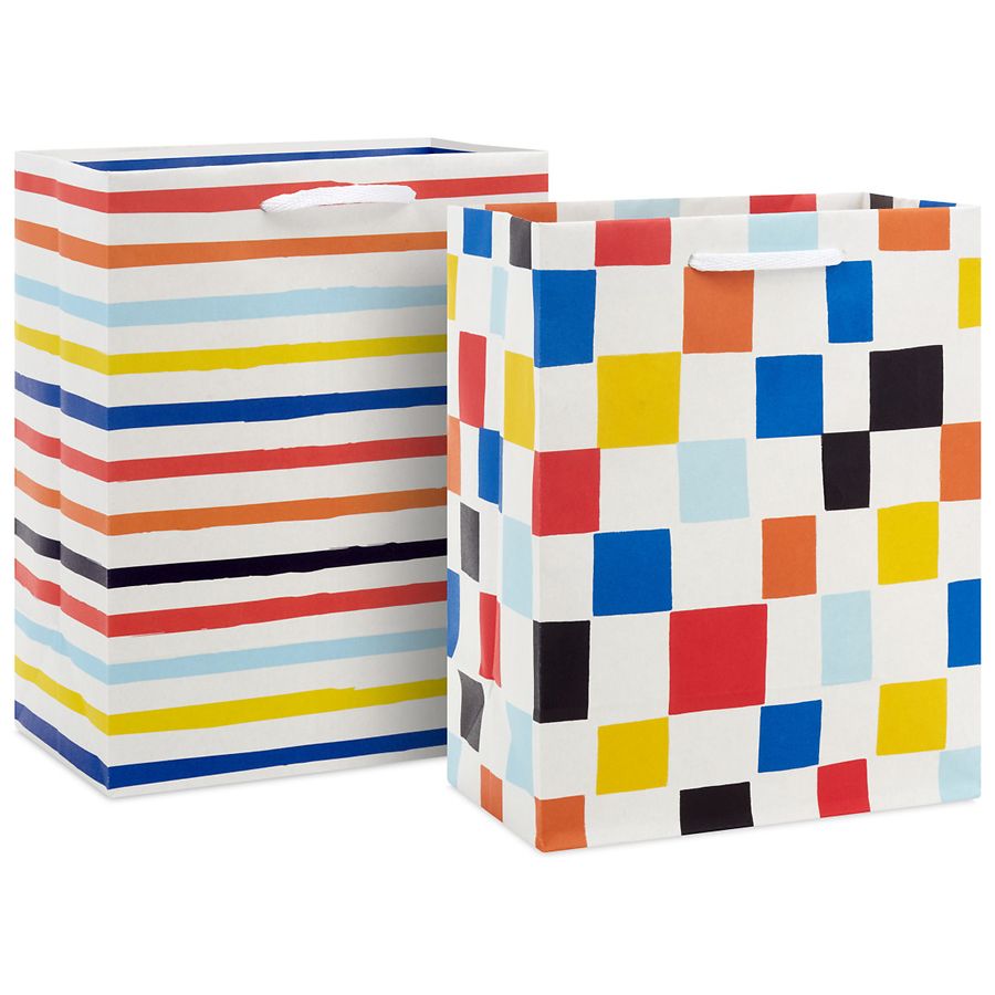 Hallmark Medium Gift Bags Red, Blue and Yellow Stripes and Squares