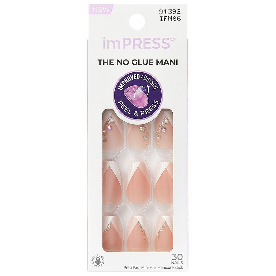 Kiss imPRESS The No Glue Mani Medium Coffin Glimpse, Modern French Tip