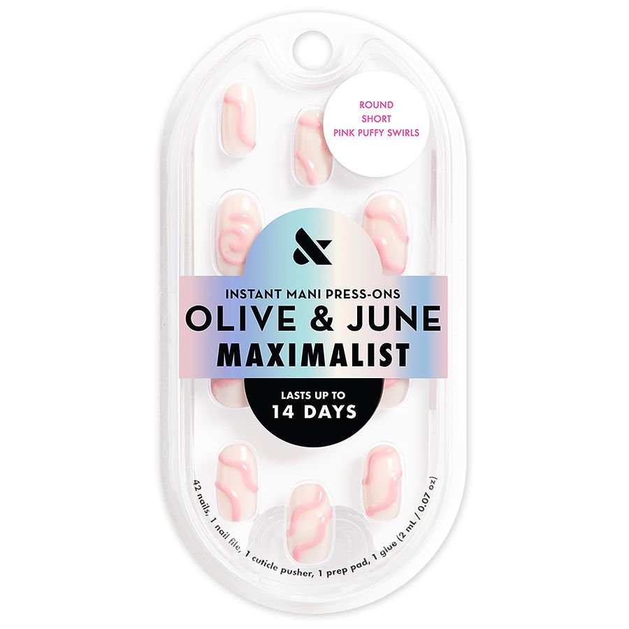 Olive & June Maximalist Instant Mani Press-On Nails Round Short Pink Puffy Swirls