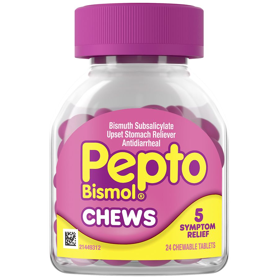Pepto-Bismol Chews, Fast 5-Symptom Stomach Relief, Chewable Tablets Berry Mint