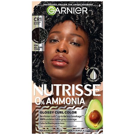 Garnier Nutrisse 0% Ammonia Nourishing Hair Color For Curls With 100% Gray Coverage CR1 Glossy Black