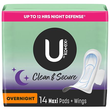 U by Kotex Clean & Secure Overnight Maxi Pads with Wings Unscented