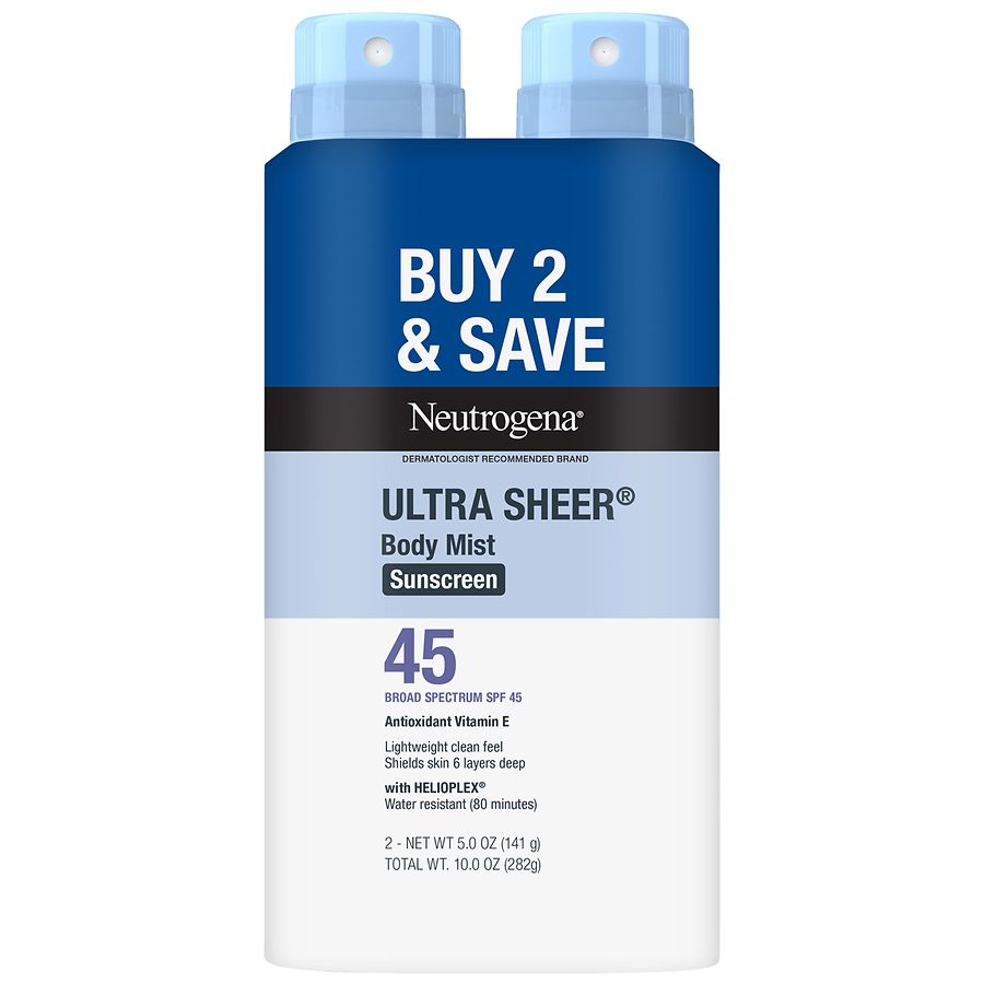 Neutrogena Ultra Sheer Body Mist Lightweight Sunscreen Spray, SPF 45 UVA/UVB