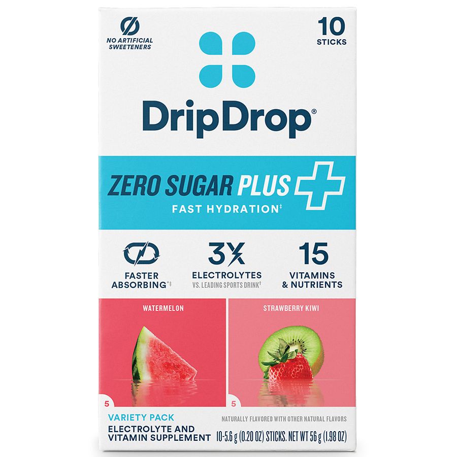 DripDrop Zero Sugar Plus Fast Hydration - Electrolyte Powder Drink Mix Sticks Watermelon & Strawberry Kiwi